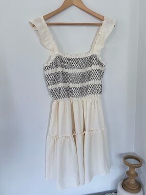Cream Bohemian Embroidered Smocked Dress Sz M Sleeveless Milk Maid Baby Doll